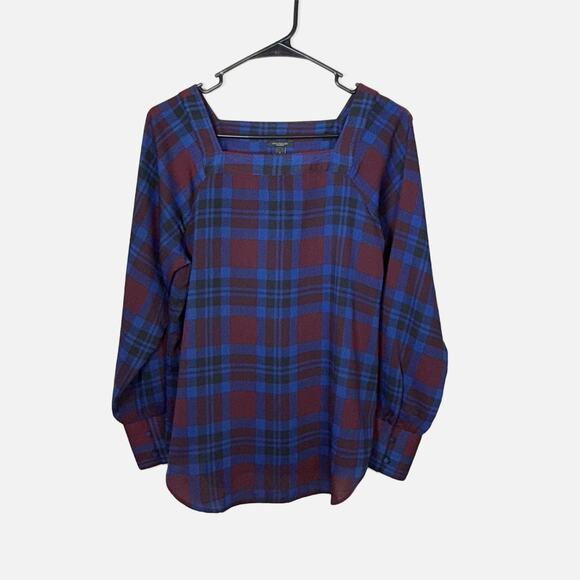 Ann Taylor Factory Plaid Blouse Women’s S Burgundy Blue Long Sleeve Square Neck - Picture 2 of 11